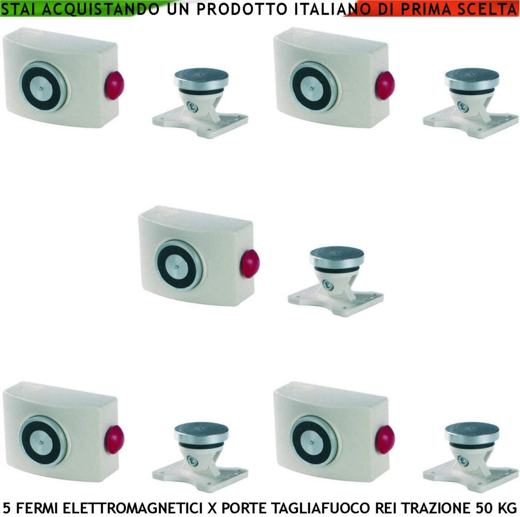 BLOCCAPORTA MAGNETETICO FERMO BIANCO 5 PEZZI PORTE TAGLIAFUOCO REI FORZA DI TRAZIONE 50 KG ANTINCENDIO ALIMENTAZIONE 22/28 VCC