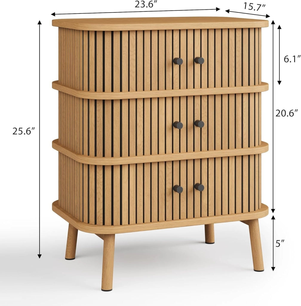 Comodino in Legno Naturale con 3 Ante Scorrevoli Mobiletto Stile Scandinavo Boho 50x40x65cm