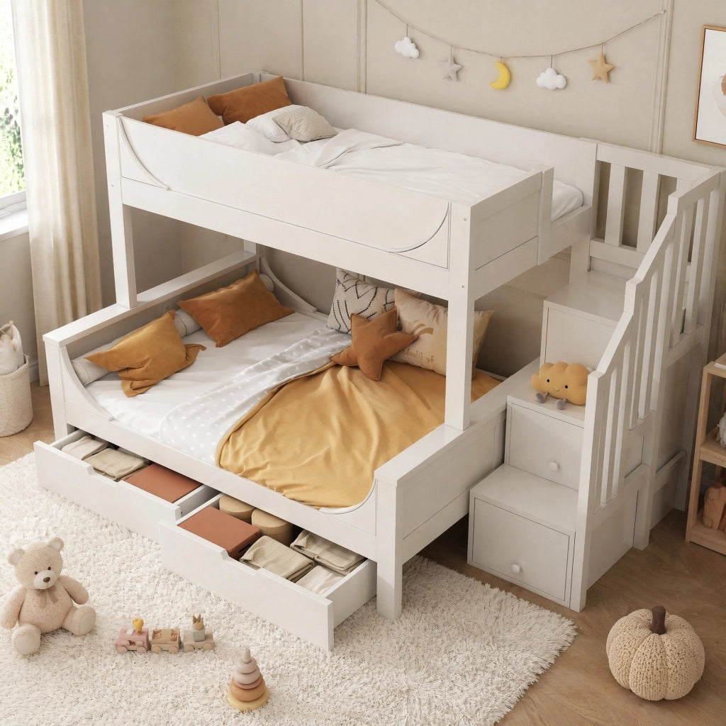 Letto a castello con armadio scala e cassetti, design elegante a slitta, colore bianco