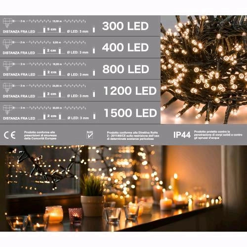 Serie Luci Natale 180 Micro Led Luce Calda Giochi Luce Filo 11 mt Uso Esterno D3310