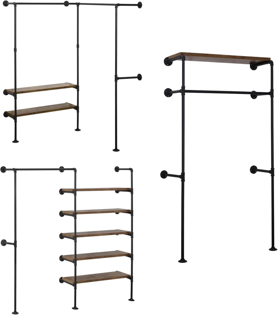 Asta appendiabiti industriale nera per montaggio a parete, appendiabiti con ripiano, per camera da letto, sistema appendiabiti in tubi metallici MDF