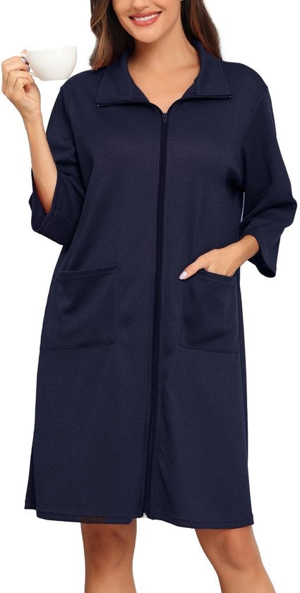 Badia da bagno in cotone con raccordo, maniche 3/4, tessuto a quadretti, giacca leggera, lunghezza ginocchiere con tasche, blu marino, XL