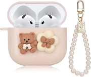 Casco per AirPods 4 con design di birra cartoon, fiori e perle, con catena e chiave