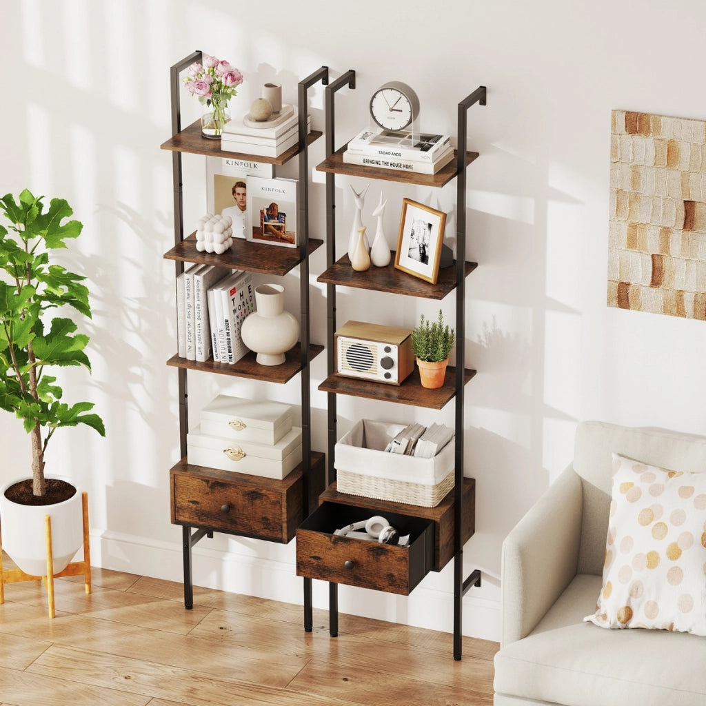 Libreria a scala a 5 ripiani con cassetto-Scaffale da parete alto 177,5 cm con struttura in metallo Marrone