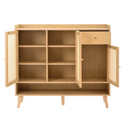 Mobile Scarpiera con 3 Ante e 1 Cassetto; Ripiani Multipli; in Rattan Naturale; in Pannello Truciolare; 120×35×106 cm; Naturale