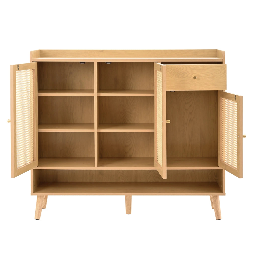 Mobile Scarpiera con 3 Ante e 1 Cassetto; Ripiani Multipli; in Rattan Naturale; in Pannello Truciolare; 120×35×106 cm; Naturale