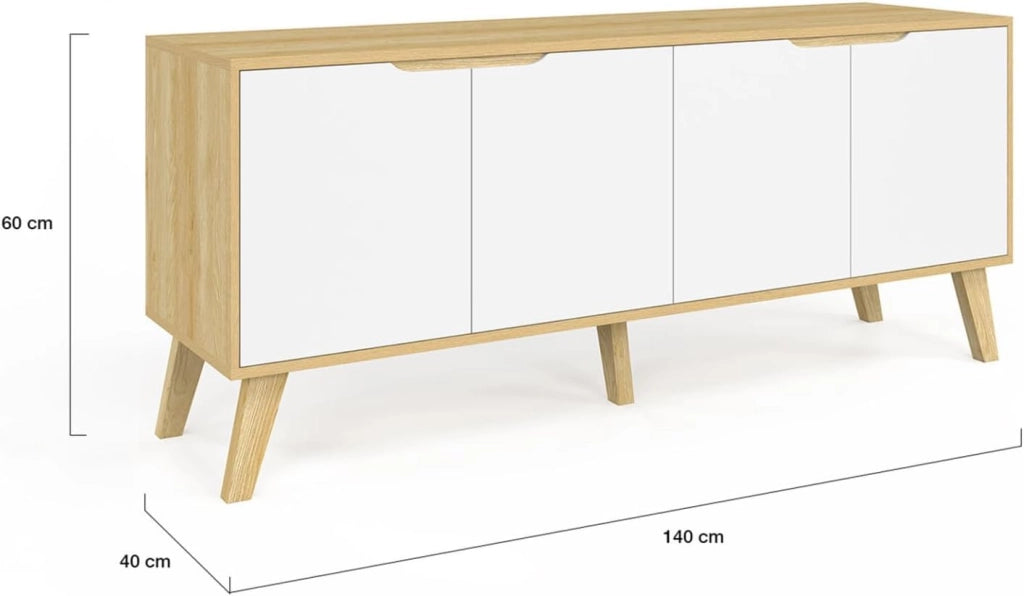 Credenza bassa scandinava 140 cm FINN in legno effetto faggio 4 ante bianche