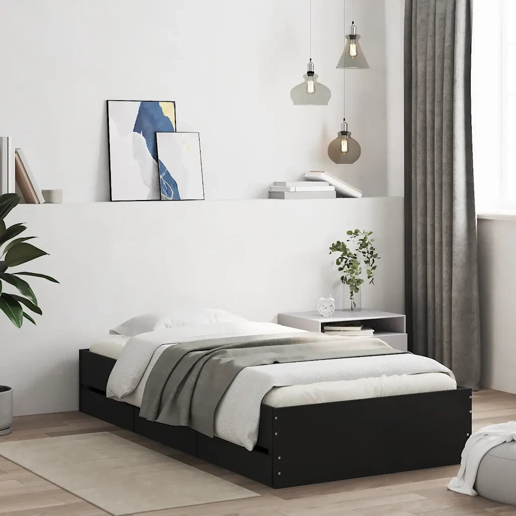 Letto singolo | Letto per adulti | Giroletto con Cassetti Nero 90x190 cm in Legno Multistrato