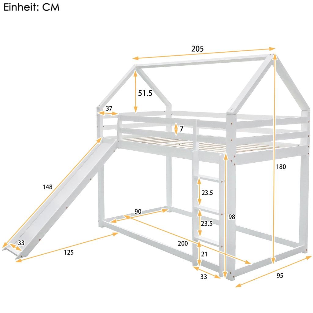 OKWISH Letto a Castello a Casetta 90×200 cm, Letto Singolo con Scivolo, Scala e Sponde, senza Materasso, in Pino, Bianco