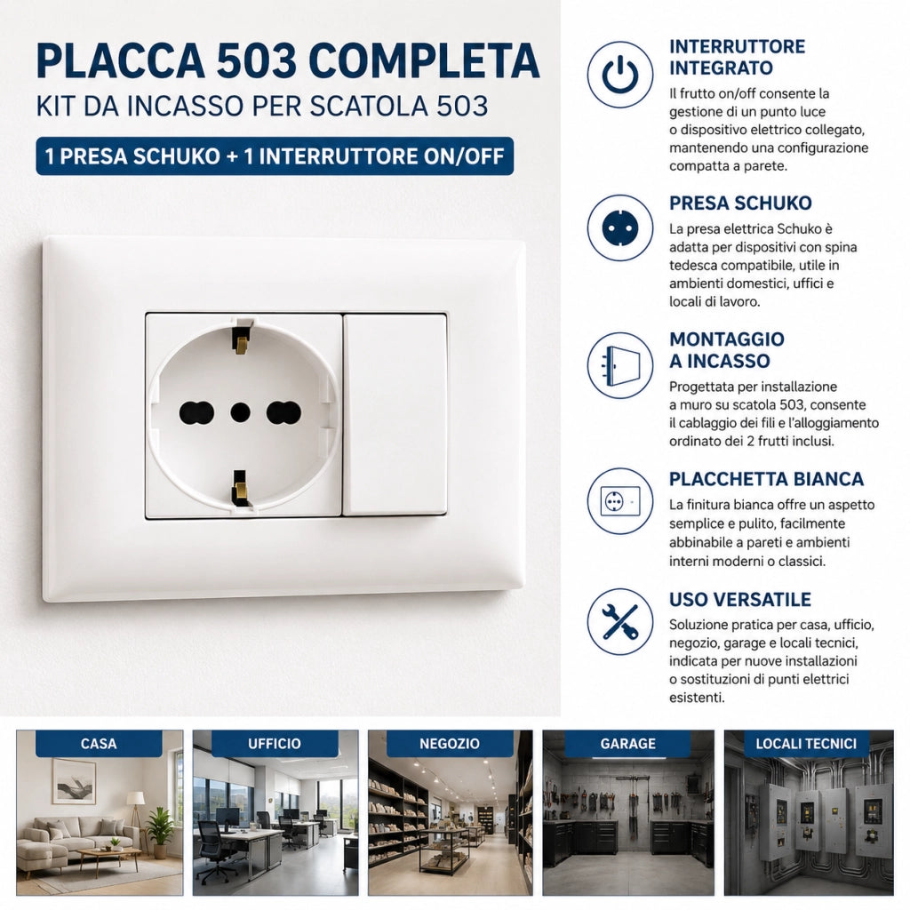 Placca Placchetta 503 Incasso 2 Posti con Interruttore e Presa Schuko