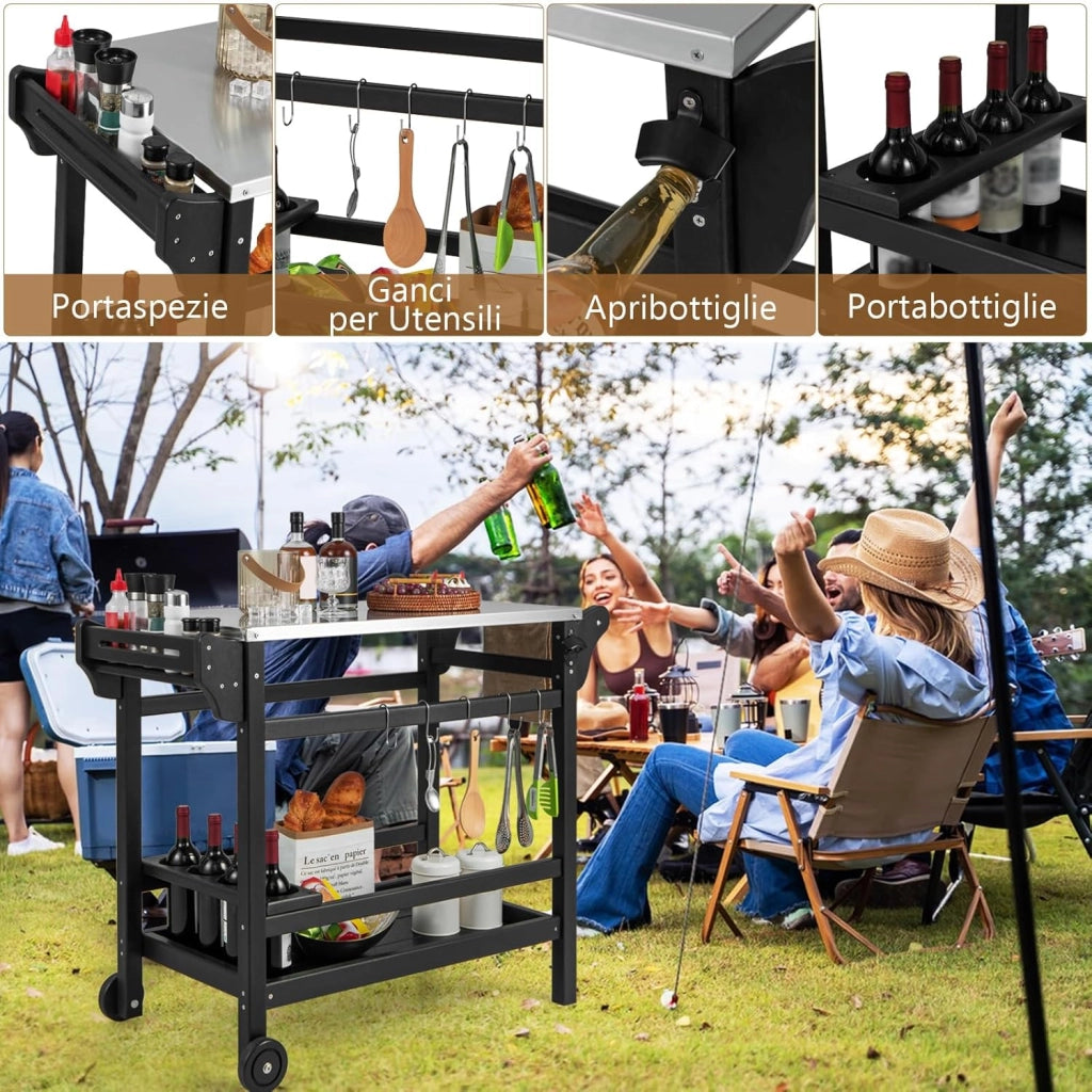 Carrello Barbecue da Esterno, Stand per Forno a Pizza con Piano in Acciaio Inox Vassoio e Portabottiglie, con Maniglia e Ruote per Cucina Giardino, Carico 150kg, 105x54x85 cm