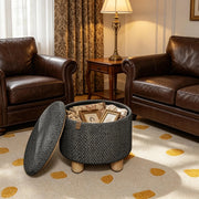 Pouf contenitore rotondo con vassoio in legno, lino e MDF, Grigio scuro