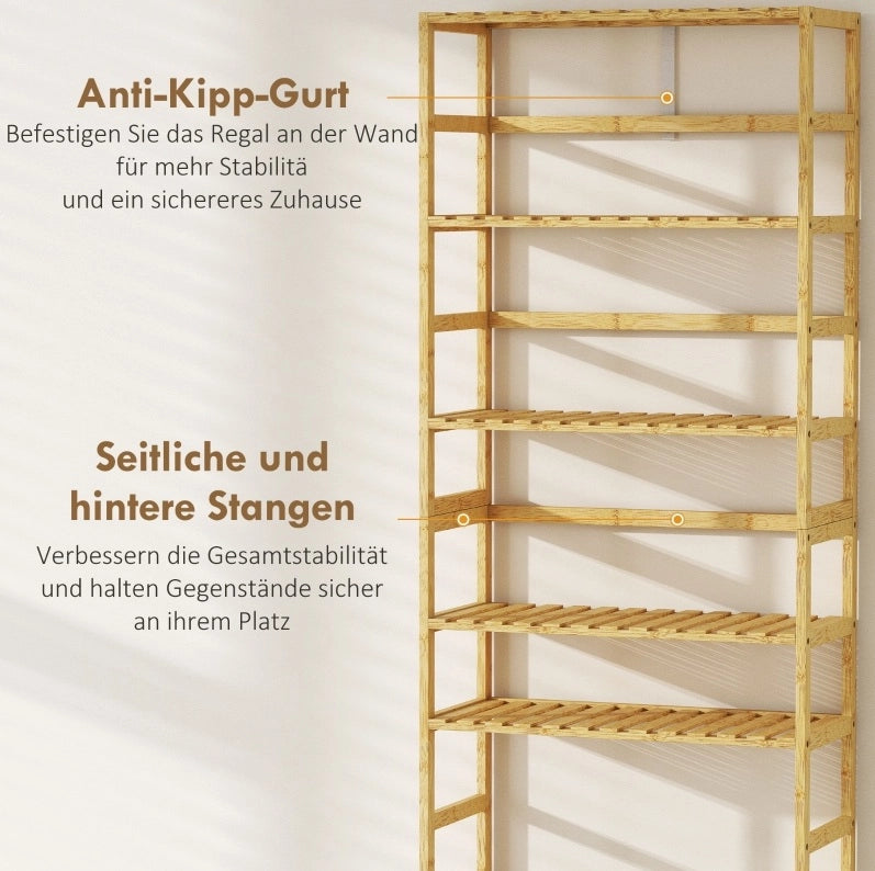 Scaffale portaoggetti da terra 60x26x161 cm in bambù naturale， 6 ripiani