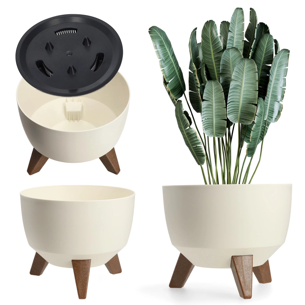Vaso da fiori KADAX, fioriera, coperchio, gambe, inserto, supporto per fiori, 33 cm, crema, ciotola rotonda