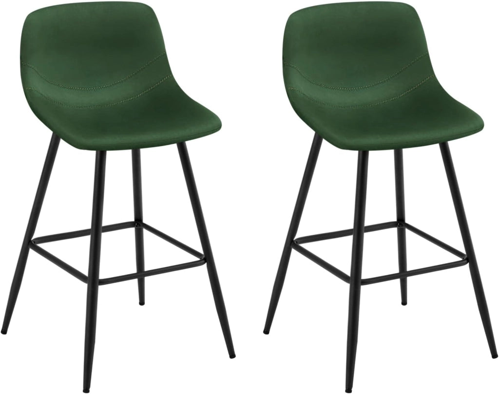 Set di 2 Sgabelli Alto, Sgabello da Cucina Moderno, Sedia da Bar con Poggiapiedi, con Schienale, per Bistrot, Pub, Caffetteria, in Velluto e Metallo, Verde Scuro