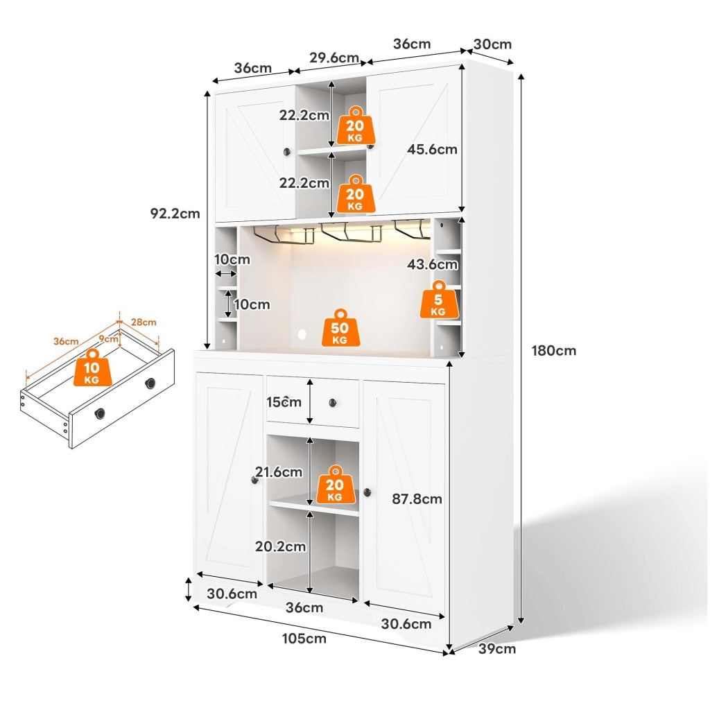 Credenza da cucina alta 180x105x40 cm con LED RGB, prese integrate, ripiani regolabili e cassetto