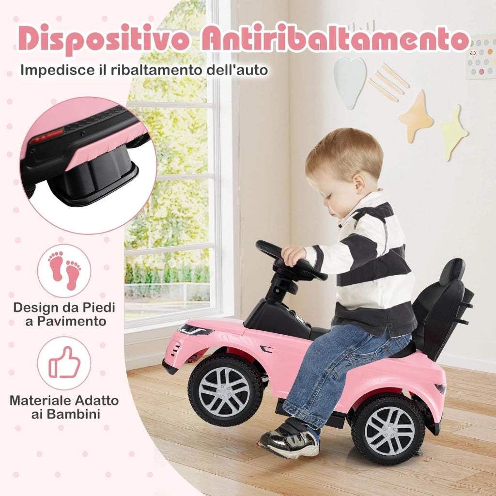 3 in 1 Auto a Spinta, Macchinina a Pedale con Manico Removibile e Paracolpi, Clacson e Suodo di Avvio, Macchina Cavalcabile per Bambini 18-36 Mesi (Rosa)