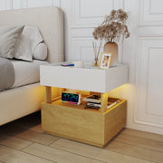 Comodino, 2 cassetti, tavolino a due ripiani, luce a LED, bianco e color legno naturale