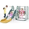 4 in 1 Set di Scivolo per Bambini, Parco Giochi con Altalena Canestro da Basket e Arrampicata, Pallone da Basket e Pompa, per Bambini 18 Mesi +, 198x149x96 cm