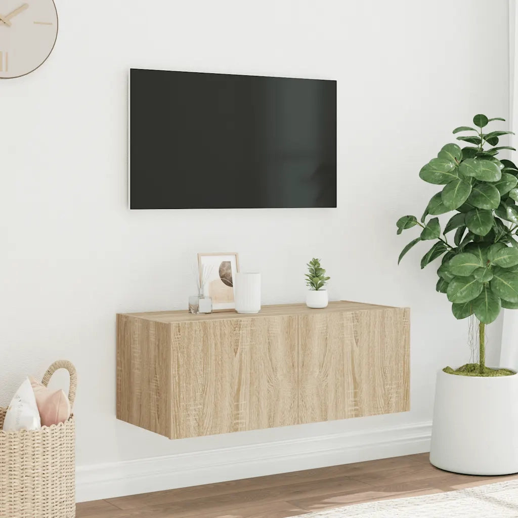 Mobile TV a Parete con Luci LED Rovere Sonoma 80x35x31 cm