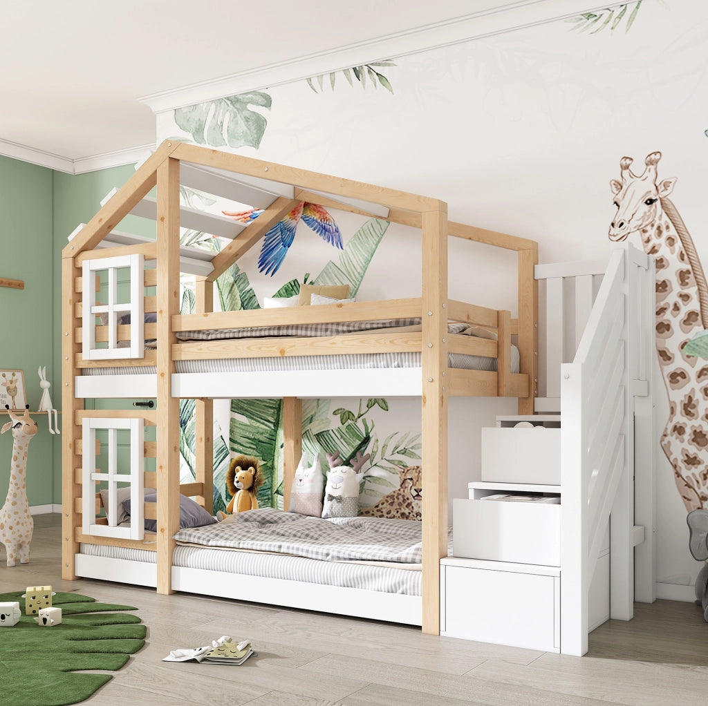 Letto a castello per bambini 90x200 cm con scala contenitore