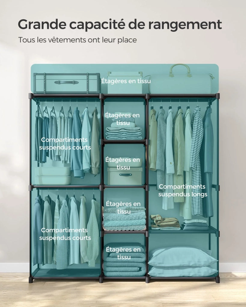 Armadio appendiabiti 43 x 138 x 182 cm 3 scomparti appendiabiti con ripiani grande capacità per camera da letto per adulti camera da letto per bambini soggiorno spogliatoio nero 12_0003978