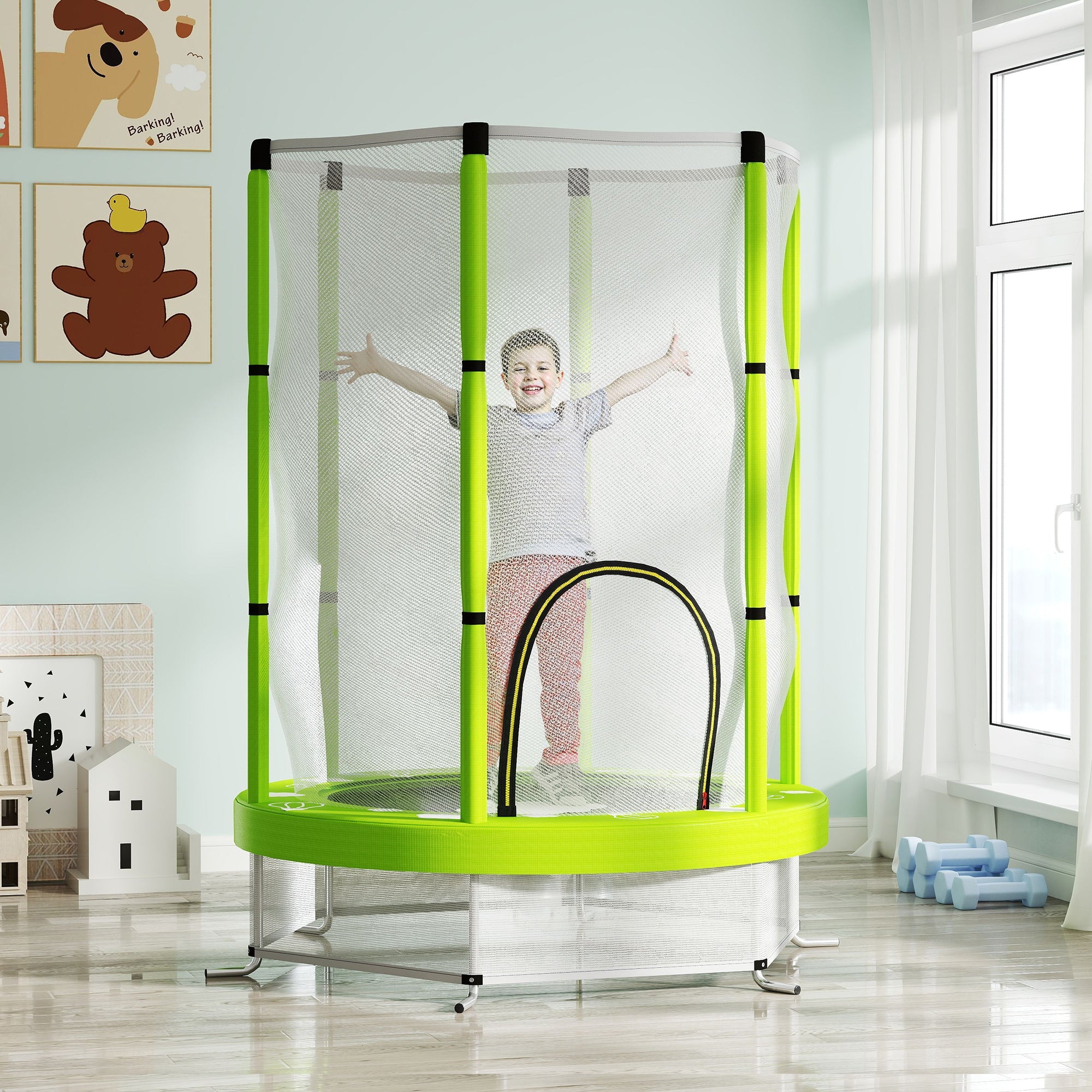 Tappeto Elastico per Bambini 3-6 Anni Ø140x190 cm con Rete di Sicurezza Verde