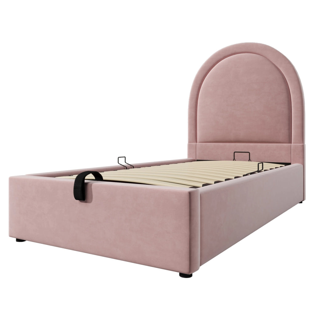 Letto imbottito ULEVR 90x190 cm con contenitore idraulico e rete a doghe, velluto rosa