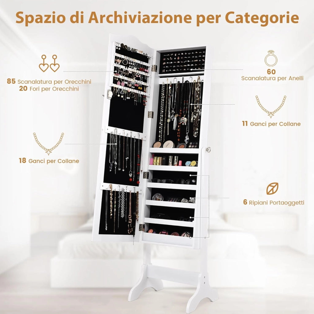 Armadietto Portagioie da Terra, Portagioie con Specchiera a Figura Intera, 4 Angolo di Inclinazione Regolabile, Specchio da Terra per Gioielli e Accessori, 160 x 45 x 37 cm (Bianco)