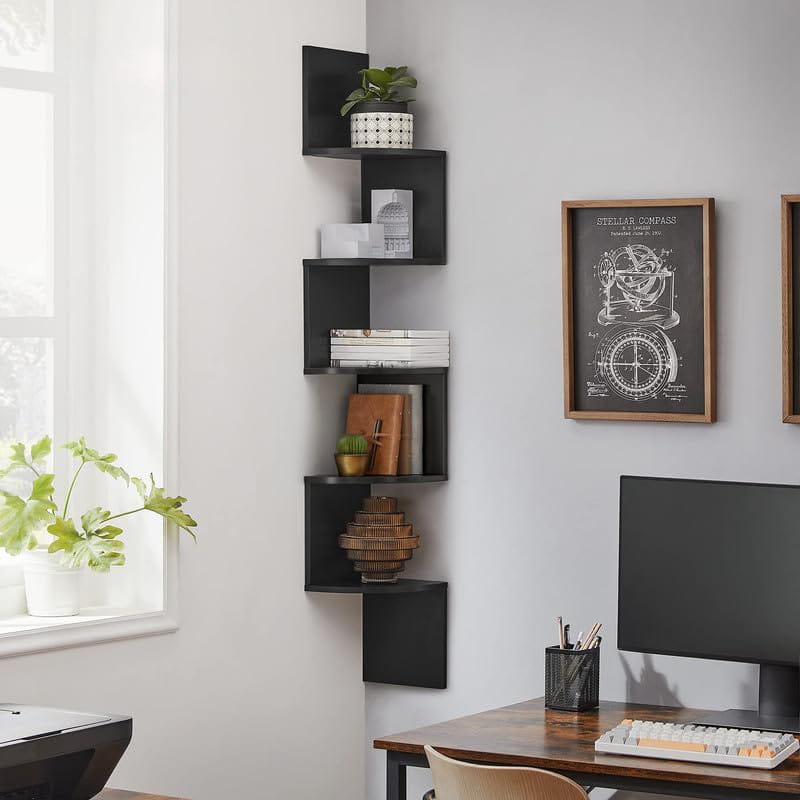 Libreria angolare VALORA, 5 ripiani, nera, stile loft LBC072B01