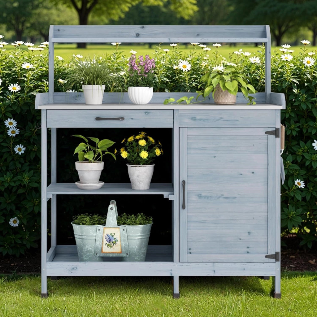 Tavolo da Giardinaggio,Tavolo per Piante,Tavolo Lavoro da Giardino in Legno Massello con Piano Lavoro, Ripiano Regolabile e Armadietto, Balcone, Terrazzo 112x46x125 cm Grigio