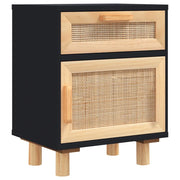 Comodino | Armadio da Notte | Mobiletto da notte Nero in Legno Massello di Pino e Rattan Naturale