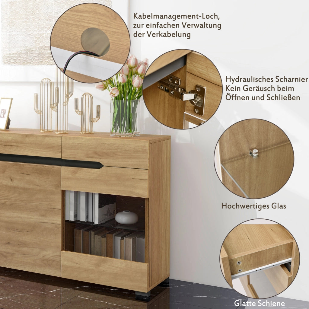 Madia con 3 Ante e 3 Cassetti LED con Controllo da App per Soggiorno in Legno; 140 x 35 x 80 cm; Rovere
