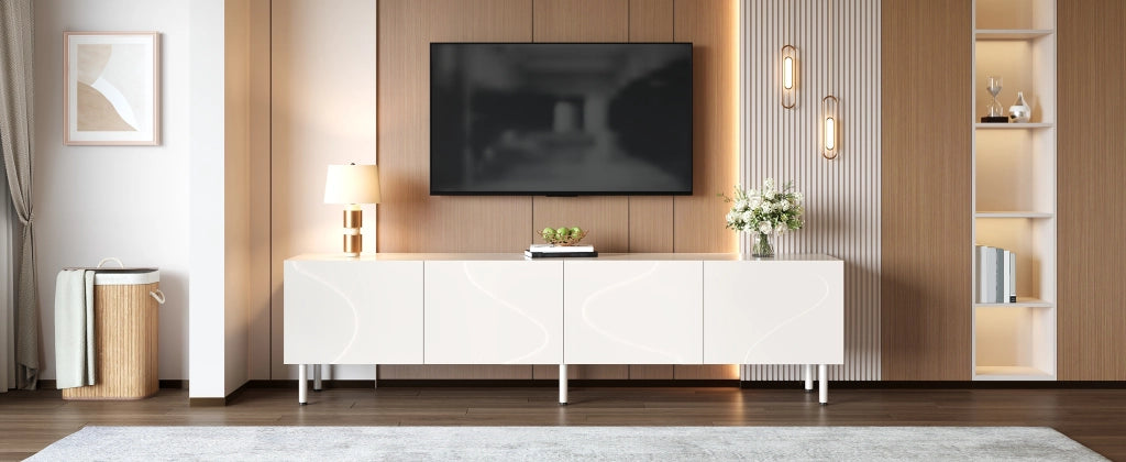 Mobile porta TV con 4 ante e funzione push-to-open, per soggiorno, in PB e MDF, bianco, 170 × 35 × 50 cm