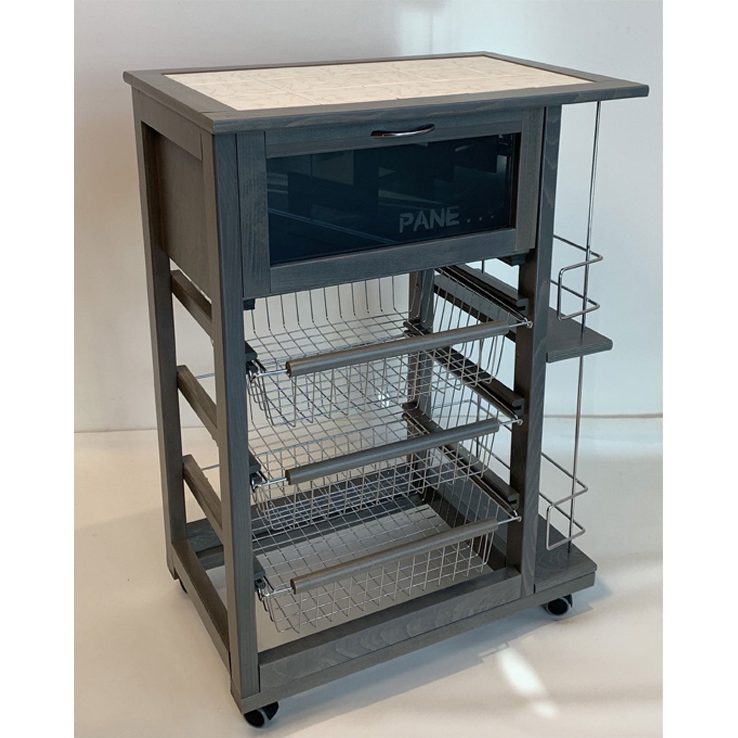 Carrello Cucina Salvaspazio In Legno Di Faggio Con Cassetto E Cesti Contenitori Portabottiglie Vino 4 Ruote Girev Grigio