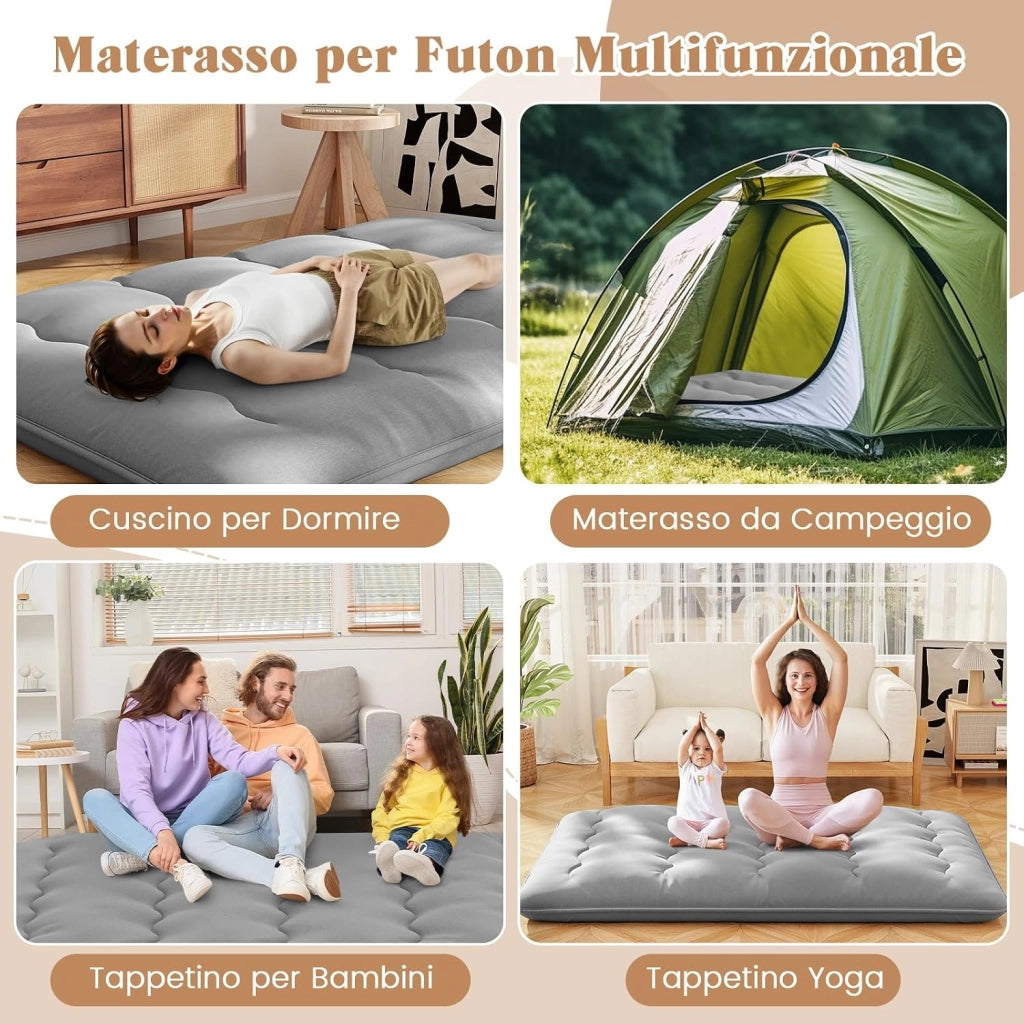 Materasso Futon Pieghevole, Materasso Portatile con Sacca da Trasporto per Camping, Materasso da Terra con Copertura Lavabile (Grigio,200 x 140 cm)