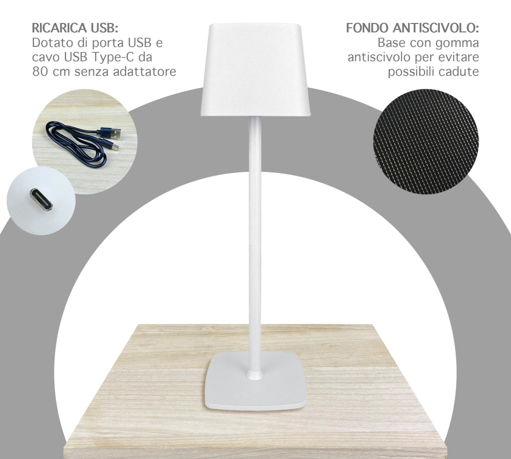 Coppia Di Lampada Da Tavolo LED Set 2 Pezzi Design Moderno Senza Fili Ricaricabile Controllo Touch Selezione Colore Intensità Dimmerabile Altezza Regolabile Con Adattatore Per Bottiglia 3000/4500/600K  2Pz-Quadrata-Bianco