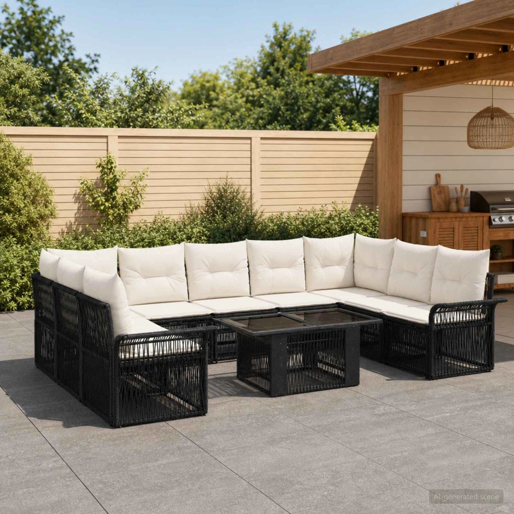 Set Divano da Giardino 10 pz Nero e Bianco Crema polyrattan 3436684