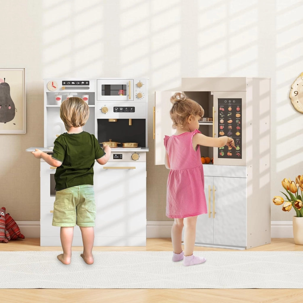 Set da Cucina Giocattolo per Bambini, Cucina per Bambini in Legno con Frigorifero, Macchina da Caffè, Microonde, Fornello, Luci e Suoni Realistici, per 3+ Anni