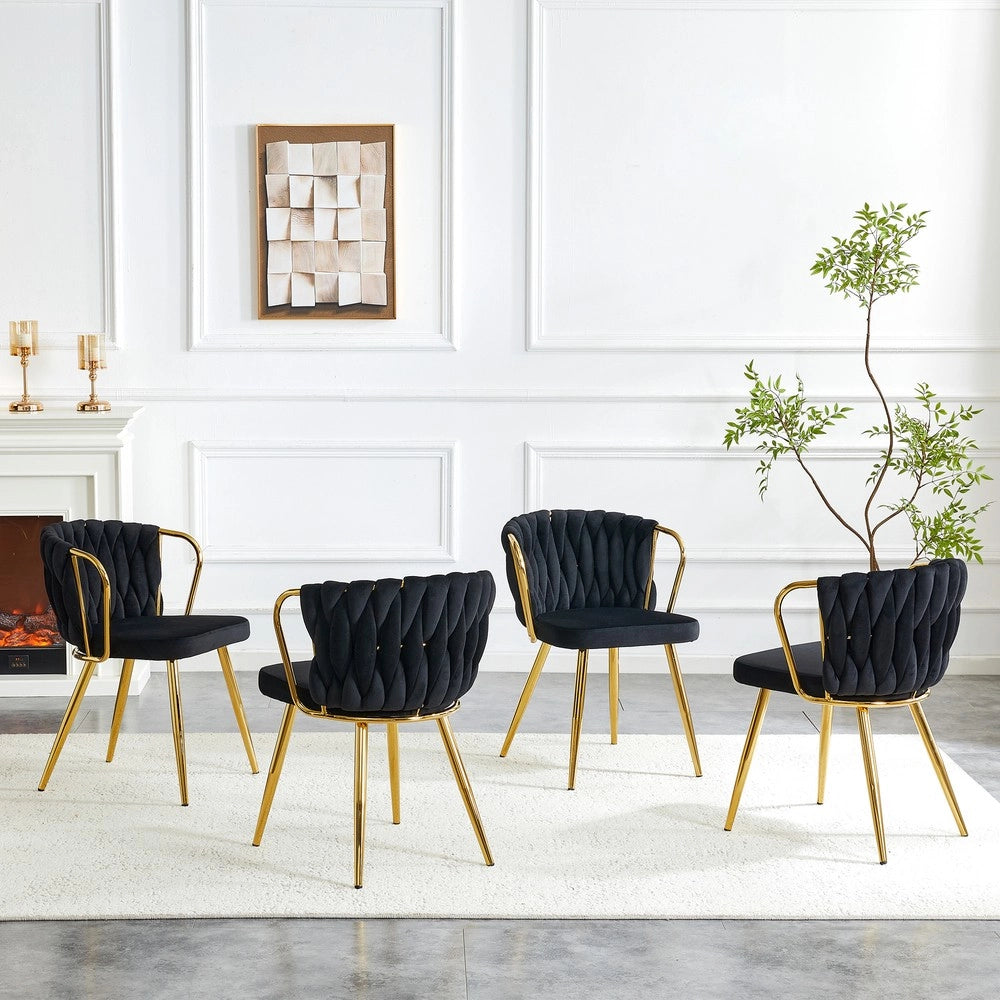 Sedia da Pranzo Velluto ¨C MINIMAL ¨C Schienale Intrecciato, Gambe Metallo Dorate, Nero-Oro