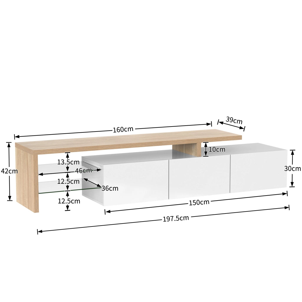 Mobile TV con 3 Ante; Ripiani in Vetro e LED controllato da App per Soggiorno; 197.5 × 39 × 42 cm