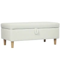 Poggiapiedi imbottito con vano portaoggetti, gambe in legno, rivestimento in tessuto morbido, Bianco crema