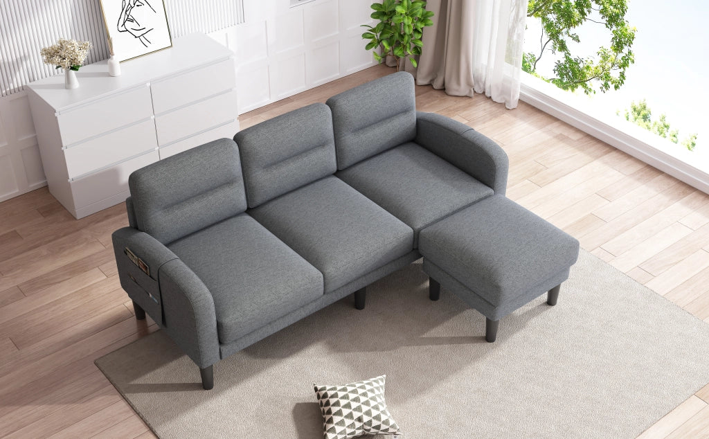 Divano angolare modulare a 3 posti con penisola e tasche laterali sfoderabile in tessuto grigio 204 × 136 × 80 cm