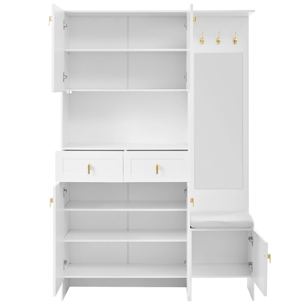 Mobile ingresso con 5 ante; 2 cassetti; 3 ganci; specchio e LED - in truciolato - 120×33.5×180 cm - bianco