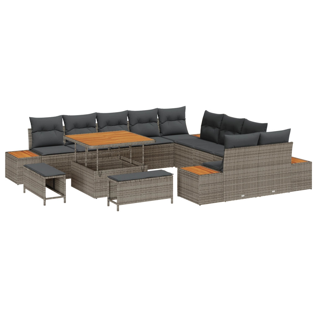 Set di Divani da Giardino 13 Pezzi con Cuscini Grigio Polyrattan Acacia
