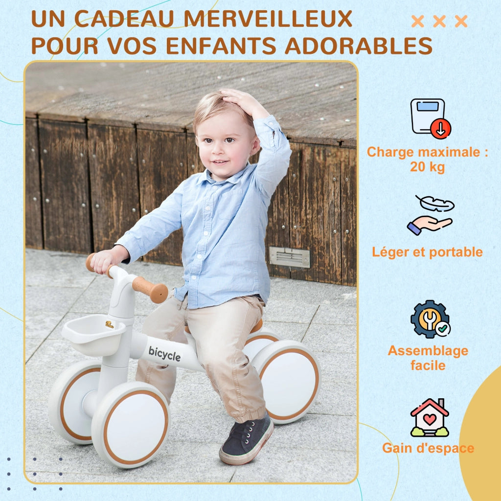 Bicicletta senza pedali per bambini con sella regolabile ¨C zephmum ¨C 4 ruote, colore marrone e bianco