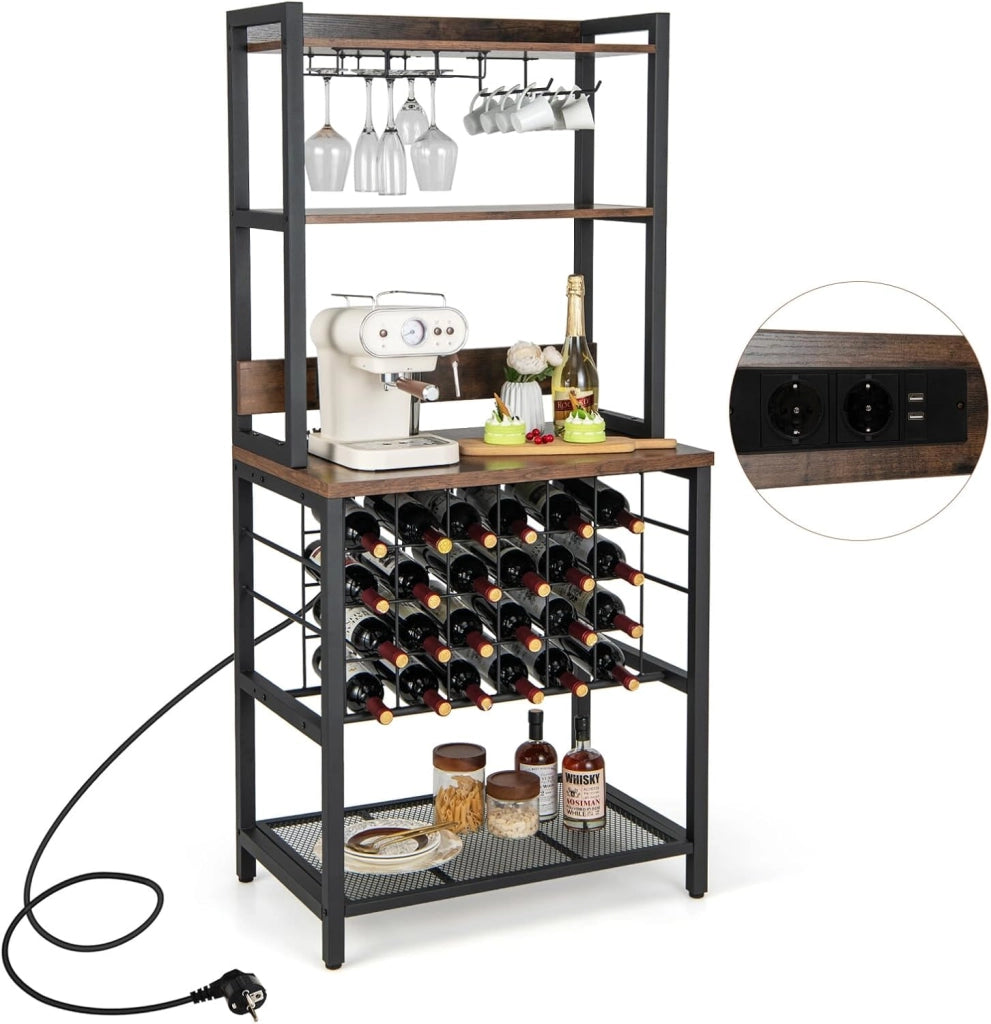 Scaffale per vino con prese e USB per 24 bottiglie e tazze, mensola da cucina a 5 Ripiani con piano di lavoro, scaffale multiuso per più dispositivi, portabottiglie per vino 76 x 48 x 163 cm