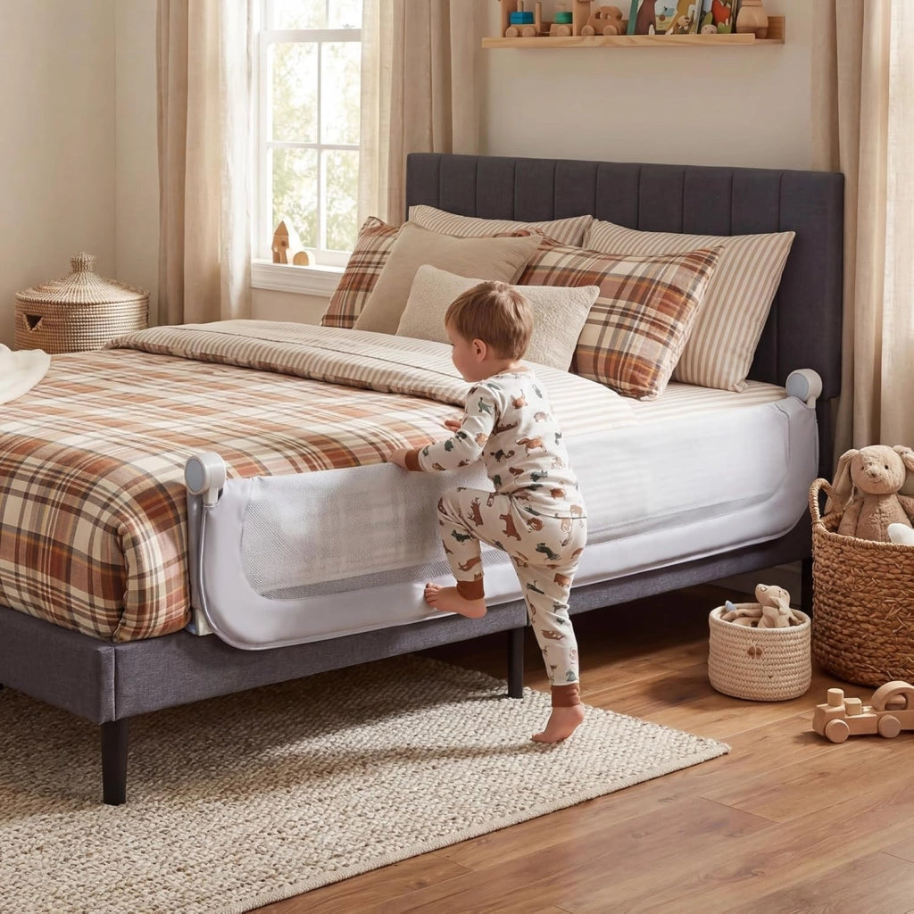 Sponda Letto per Bambini 80/120/150/180 cm, Barriera di Sicurezza per Neonati, Altezza Regolabile a 3 Livelli, Barriera Letto Pieghevole, con Cinghia di Sicurezza (180 cm,Grigio)