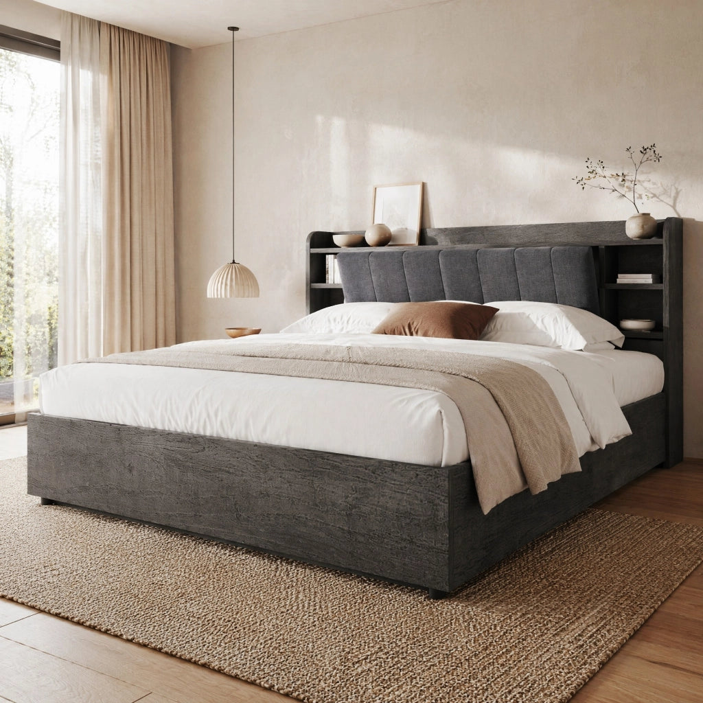DESMIU Letto contenitore 180 × 200 cm 2 posti con vano idraulico, USB, Type-C e ripiani, senza materasso, in MDF, grigio