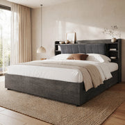 DESMIU Letto contenitore 180 × 200 cm 2 posti con vano idraulico, USB, Type-C e ripiani, senza materasso, in MDF, grigio